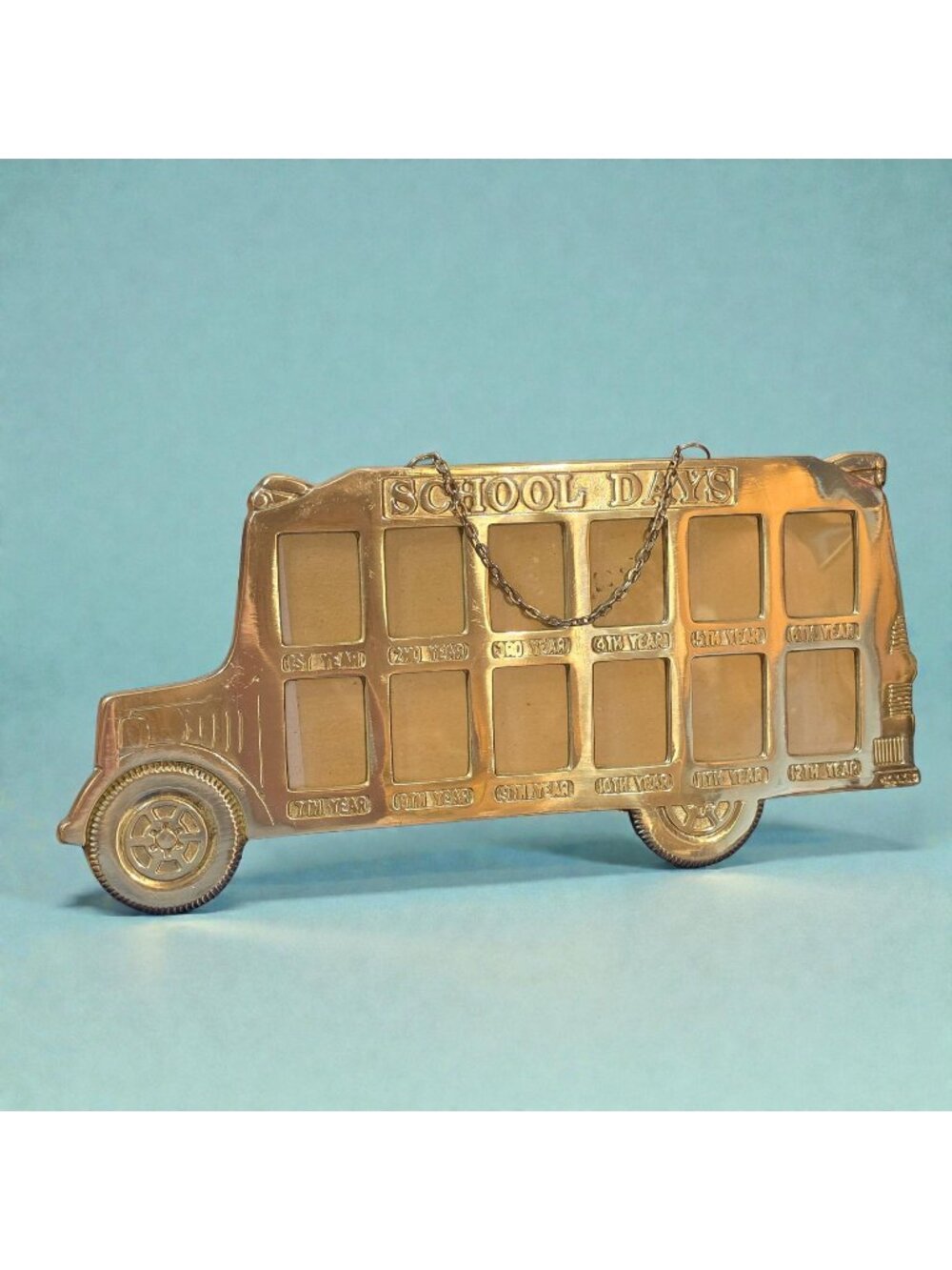 Vtg 1980s Price Products Solid Brass School Bus Picture Frame K-12 School Days
